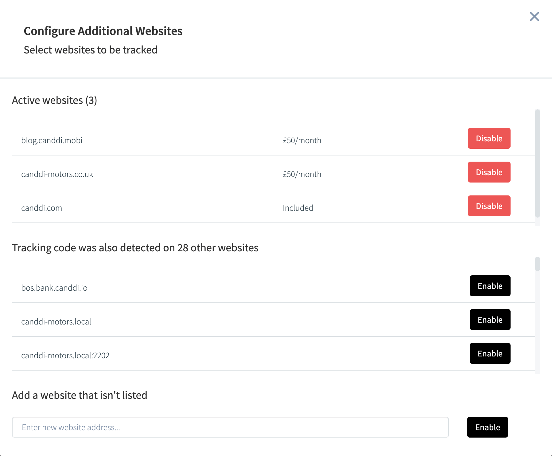 Additional websites configuration dialog